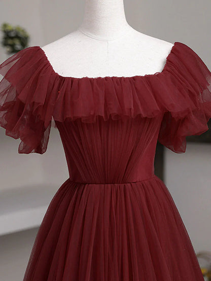 Vestido de fiesta largo sencillo de tul burdeos con corte en A, vestidos de cumpleaños con hombros descubiertos