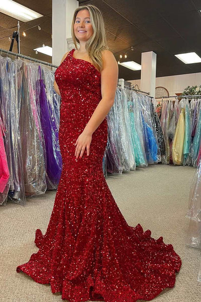 Vestidos de fiesta largos de sirena con un solo hombro, lentejuelas rojas, sin espalda, talla grande