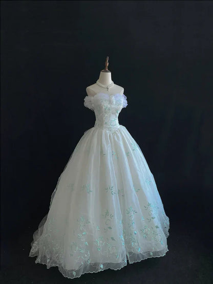 Vestido de noche de quinceañera con bordado retro, hombros descubiertos, de gasa y tul, corte A, TP4281