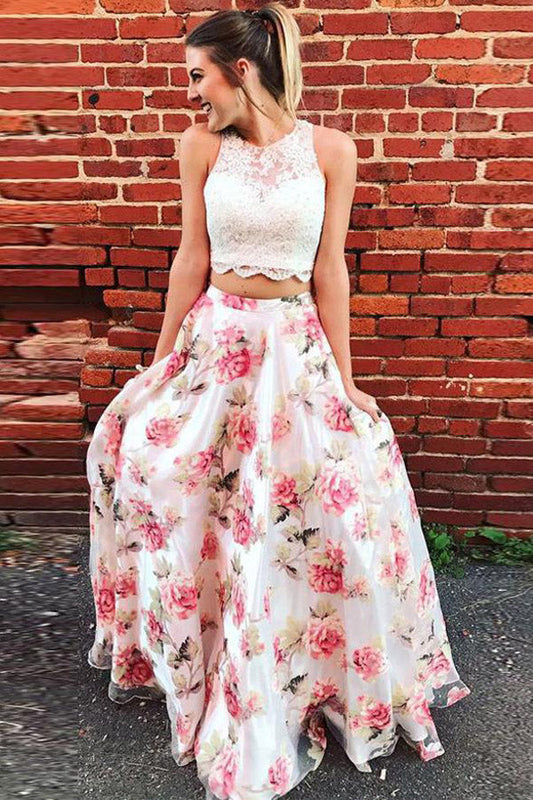 Two Piece Floral Print Tulle Prom Dress With Lace Top,WP225