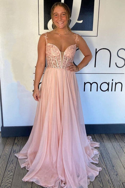 A Line Chiffon Long Prom Dress With Lace Bodice,WP407