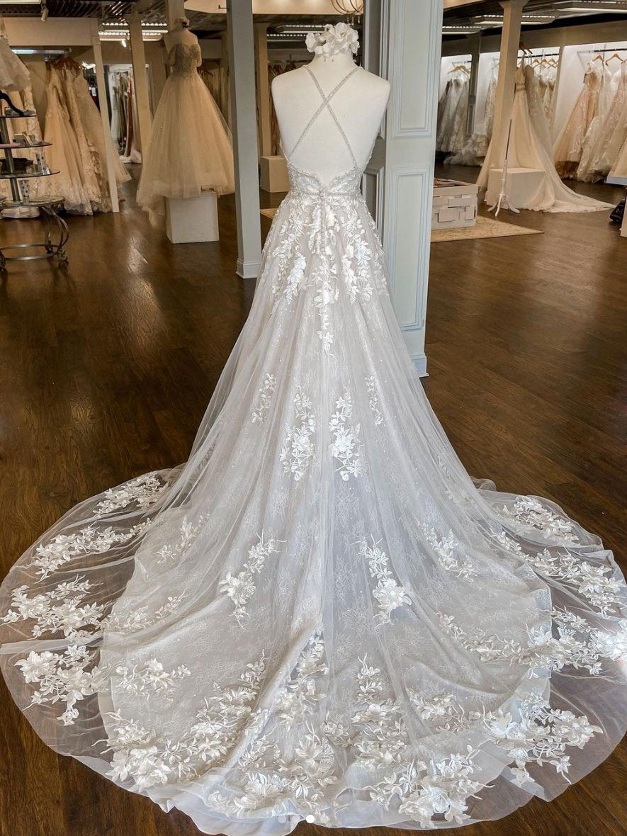 Vestido de fiesta largo de tul con escote en V y encaje único, vestido de novia de encaje