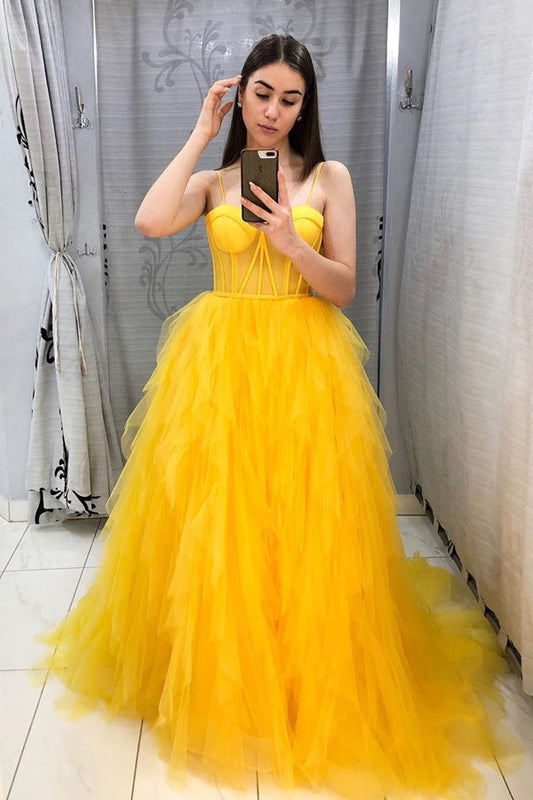 A Line Spaghetti Straps Yellow Tulle Prom Dress Long Formal Dress,WP138