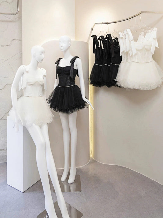 Vestido negro corto con tirantes finos, corte A, para fiesta, formal, de regreso a casa, elegante, de noche, corto, para cóctel, para cumpleaños número 16, de tul, DH2770