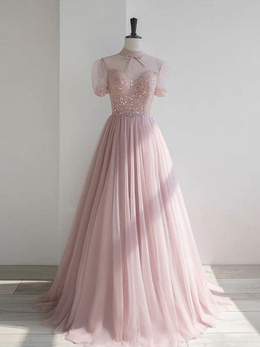 Vestido de fiesta largo de tul con lentejuelas y cuello redondo rosa, vestido formal de tul rosa