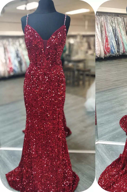 Vestido de fiesta de gala con escote en V, espalda con cordones y lentejuelas rojas de sirena brillante