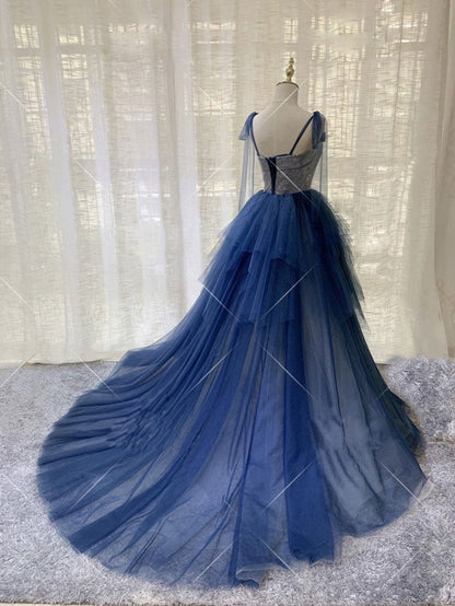 Vestido de fiesta largo de tul azul oscuro con capas, elegante vestido formal