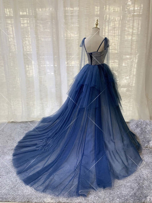 Vestido de fiesta largo de tul azul oscuro con capas, elegante vestido formal