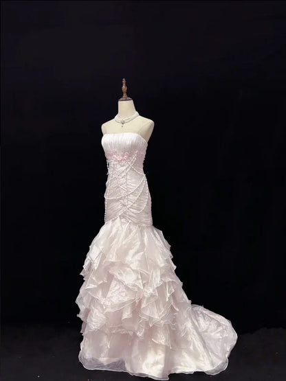 Elegant Light Pink Strapless Chiffon Sweet 16 Quinceanera Mermaid Evening Dress Ball Gown TP4280