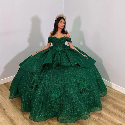 Emerald Green Shiny Handmade 3D Flowers Beading Quinceanera Dresses Ball Gown Off The Shoulder Sweet 16 Dress    fg5762
