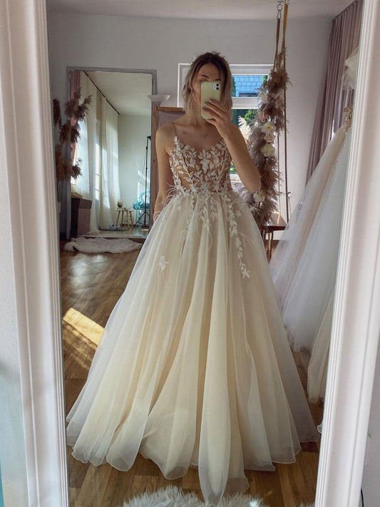 Champagne A-line Tulle Strapless Wedding Dresses, Beach Bridal Gown PW468