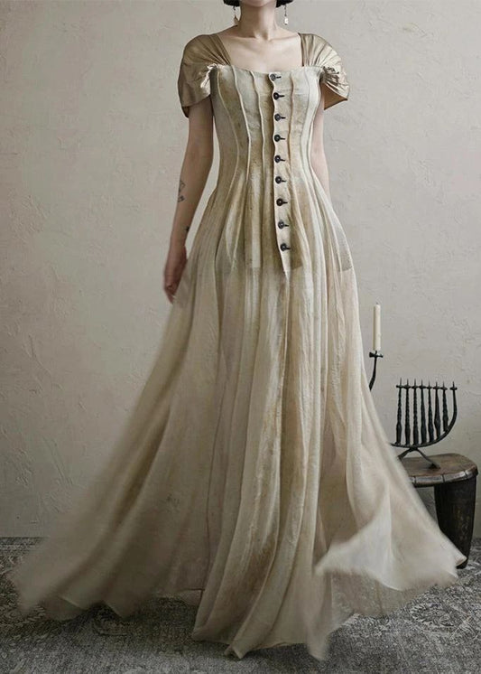 shopuniqlos-New Retro Elegant Square Neck Summer New Long Chiffon Prom Dress Evening Dress Retro Wedding Bridesmaid Dress gh5251