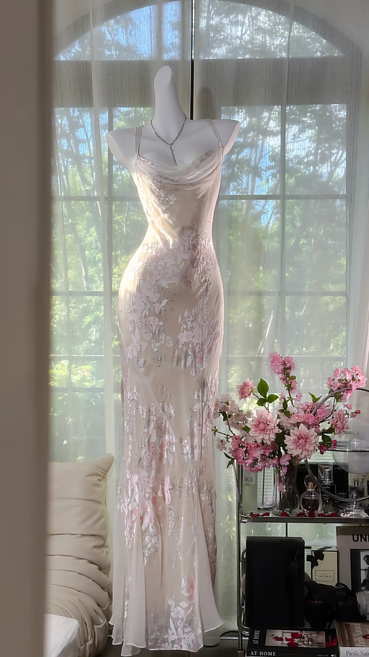 Elegant Light Pink Floral Applique Romantic Chiffon Evening Dress Prom Dresses TP4147