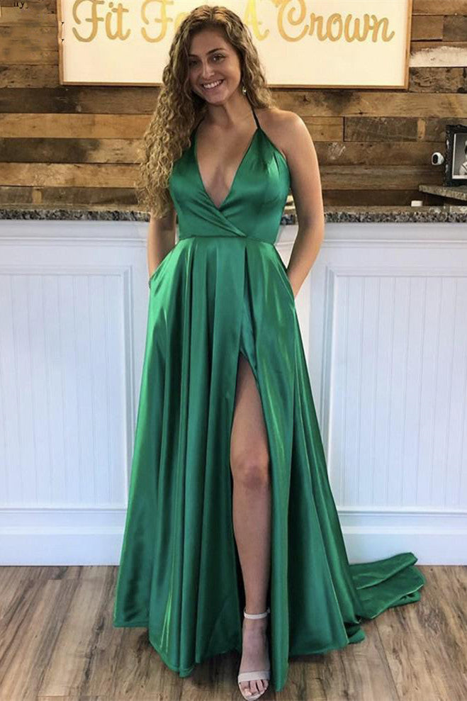 Halter V-neck Green Long Prom Dress, Simple Evening Gown With Pockets MP744