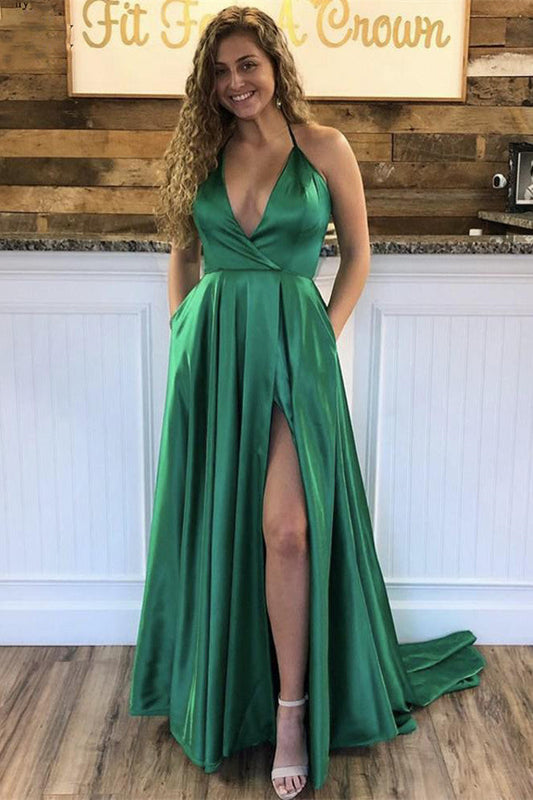 Halter V-neck Green Long Prom Dress, Simple Evening Gown With Pockets MP744
