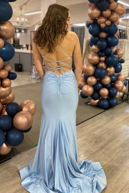 Vestido de fiesta largo de sirena con escote en V y cordones en azul claro, vestidos formales ajustados