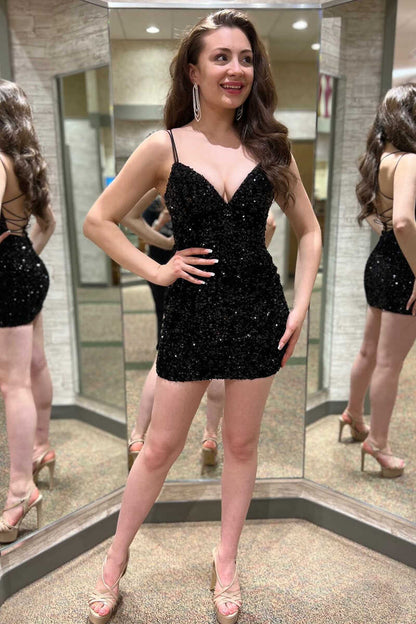 Vestido mini ajustado con escote en V y lentejuelas para la fiesta de bienvenida Hoco Dress