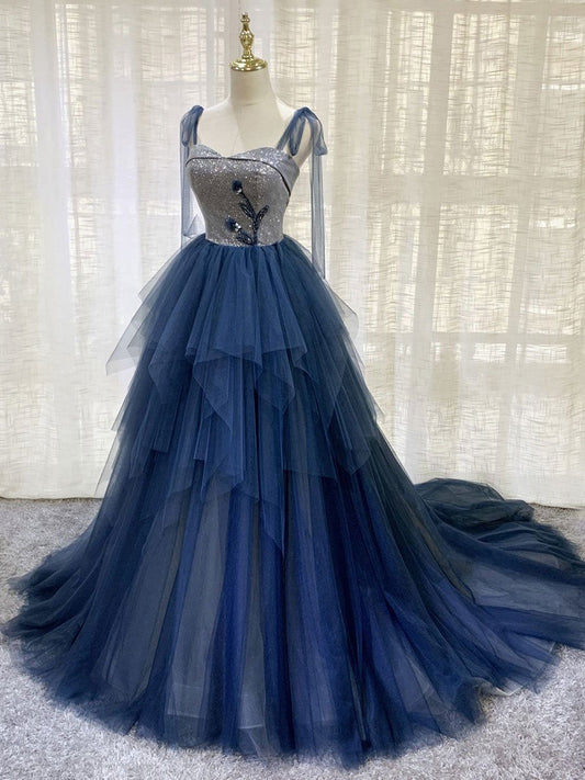 Vestido de fiesta largo de tul azul oscuro con capas, elegante vestido formal