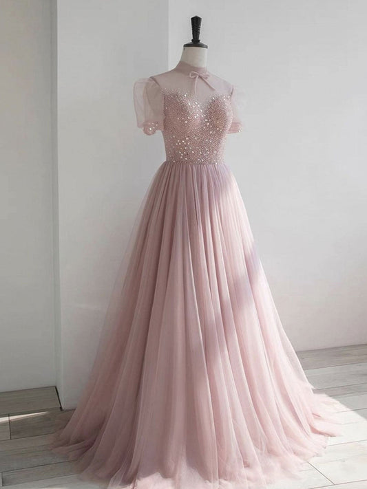 Vestido de fiesta largo de tul con lentejuelas y cuello redondo rosa, vestido formal de tul rosa