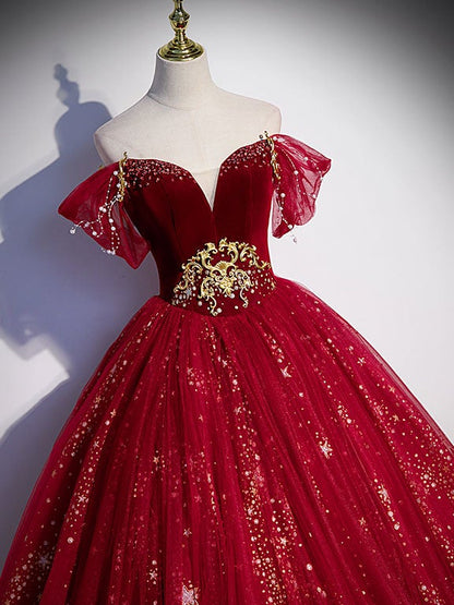 Vestido de fiesta largo de tul burdeos con lentejuelas, vestido formal de tul burdeos