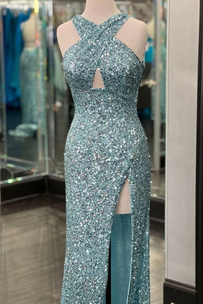 Vestido de fiesta naranja ajustado con escote cruzado y abertura, vestido formal con lentejuelas