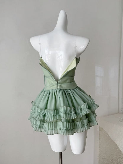 Flowy A Line Strapless Layered Green Chiffon Short Homecoming Dress Cocktail Dress SH3175