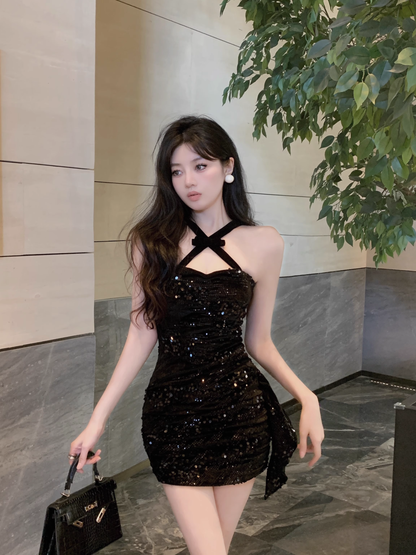 Vintage Black Sequin Design A-line Halter Homecoming Dress TP3715