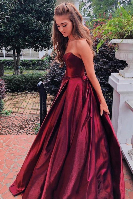 Sweetheart Burgundy Prom Dresses Long Graduation Gowns with Pockets GP51