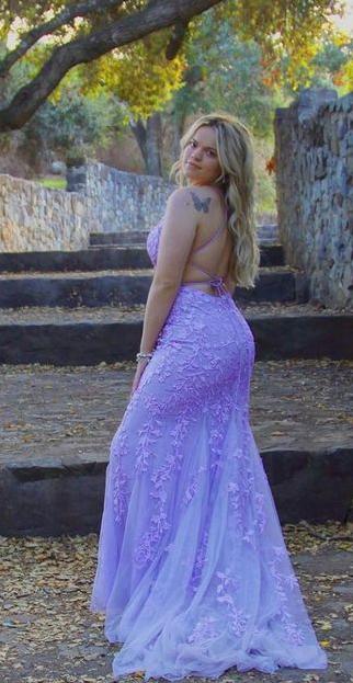 Vestidos de fiesta de sirena con encaje lila, vestidos de graduación sin espalda, vestidos formales