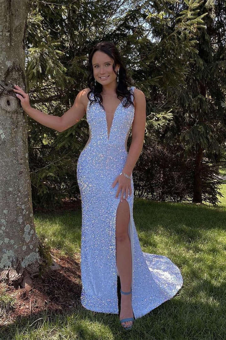 Glitter V-Neck Sequins Mermaid Prom Dress, Backless White Sparkly Evening Gown GP270