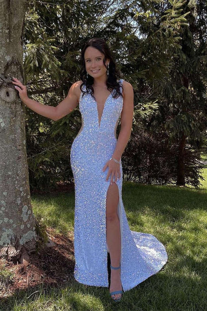 Glitter V-Neck Sequins Mermaid Prom Dress, Backless White Sparkly Evening Gown GP270