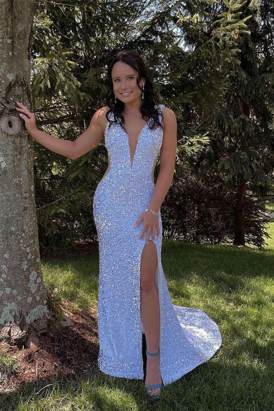 Glitter V-Neck Sequins Mermaid Prom Dress, Backless White Sparkly Evening Gown GP270