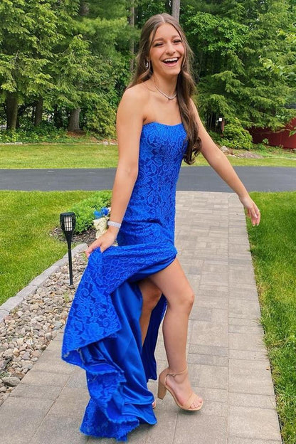 Vestido de fiesta de encaje azul real sin tirantes con abertura, vestido de noche formal de sirena