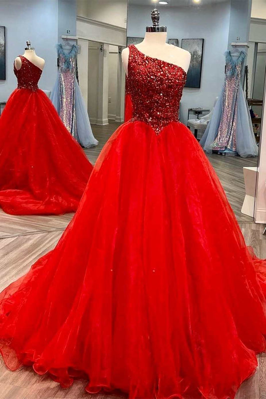 A-Line Sequin Blue Beaded One-Shoulder Prom Dresses, Long Tulle Formal Gown GP409