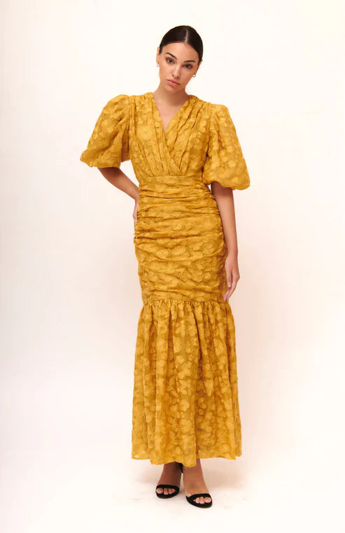 Vestido de noche de sirena con escote en V, encaje y mangas cortas, color amarillo, TP1782