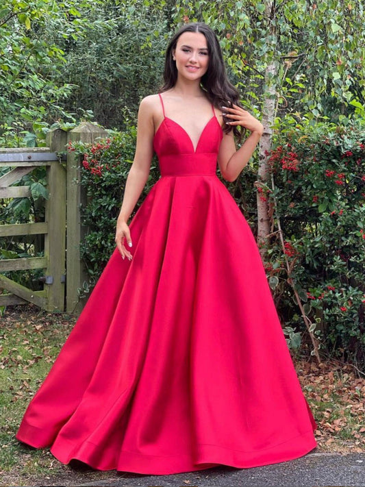 Vestido de fiesta largo de satén con escote en V y corte A sencillo, vestido de noche rojo