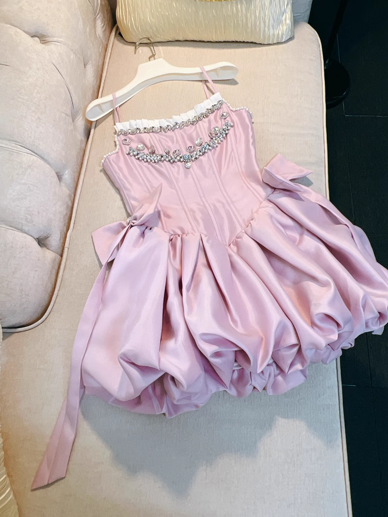 Chic Pink Spaghetti Strap Beading A-line V-neck Party Dresses Homecoming Dresses, TP3795