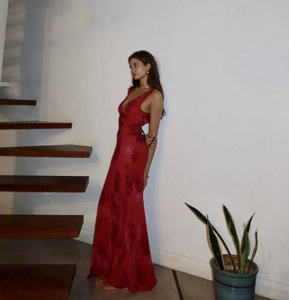 Elegant V-Neck Rose Print Dress Women Sleeveless Evening Party Vintage Evening Dress  cg25380