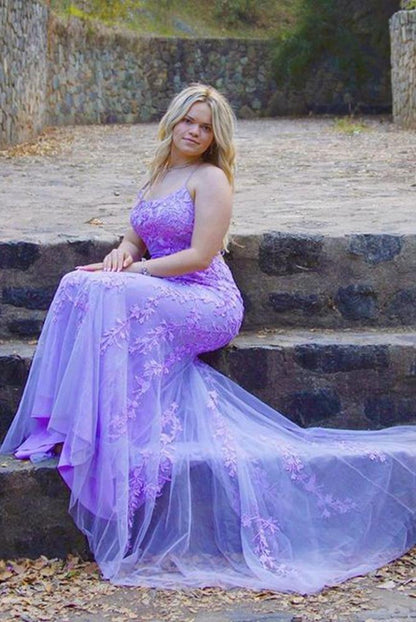 Vestidos de fiesta de sirena con encaje lila, vestidos de graduación sin espalda, vestidos formales