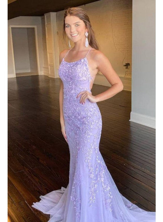 Vestidos de fiesta con apliques lilas, tirantes finos, corte tubo, sin mangas, cola de cepillo