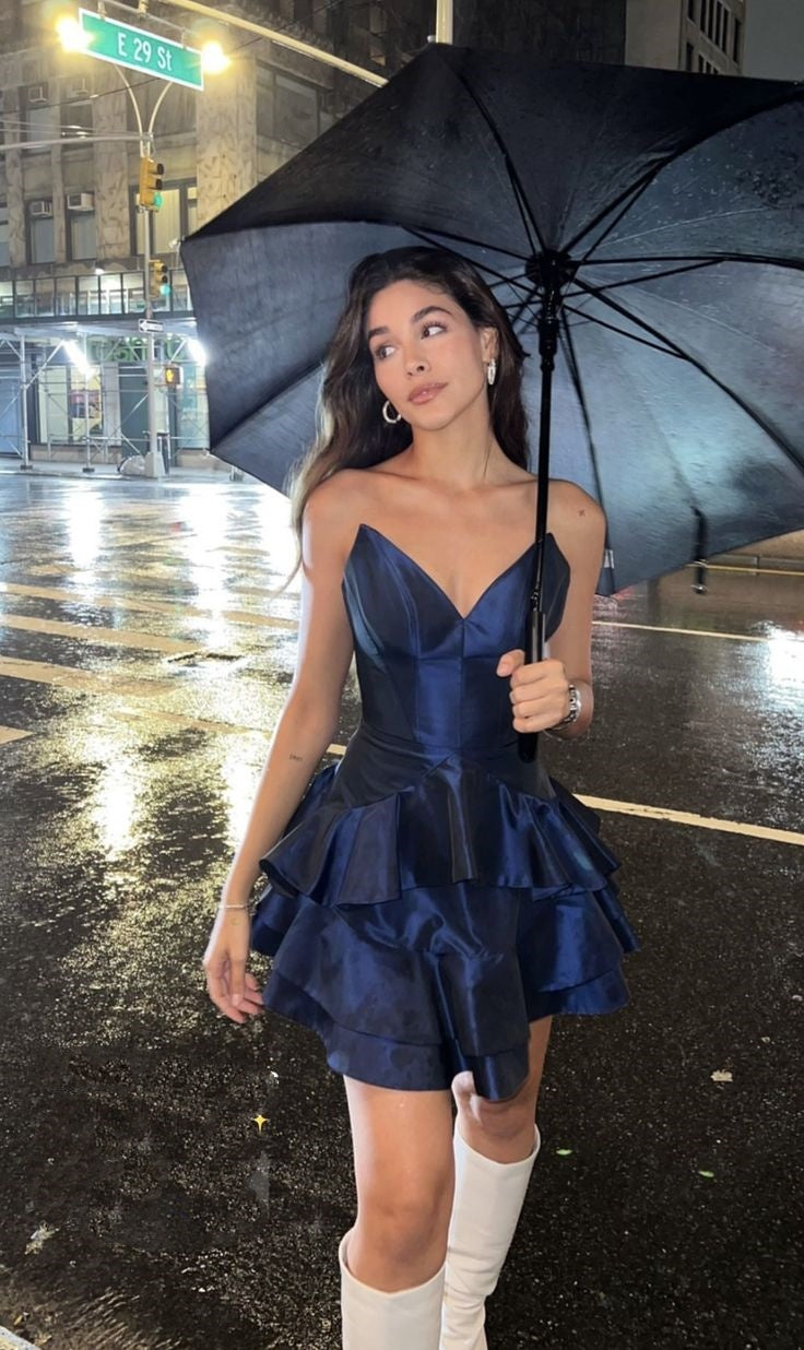 Vestido de fiesta corto de satén azul marino con escote corazón, minivestido formal para séptimo grado, vestido de fiesta corto para escuela secundaria, trajes Hoco DH1375