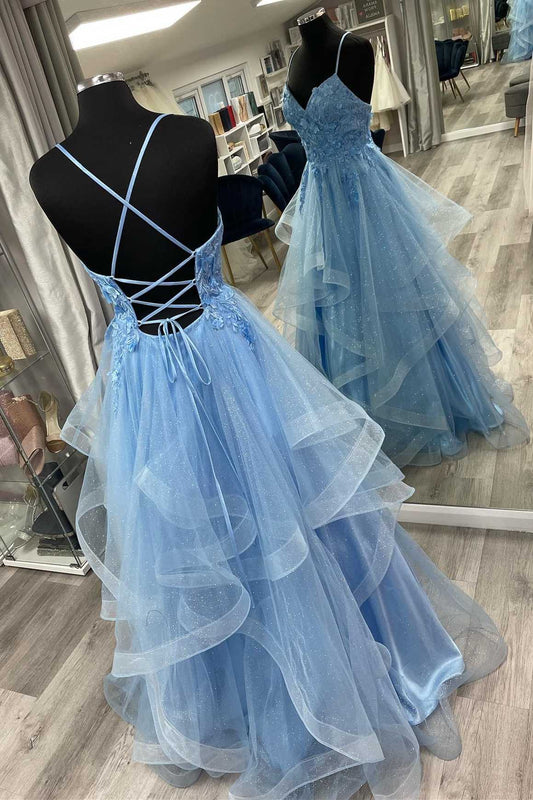 Vestido de fiesta de corte A con cordones y apliques florales azules, vestidos festivos