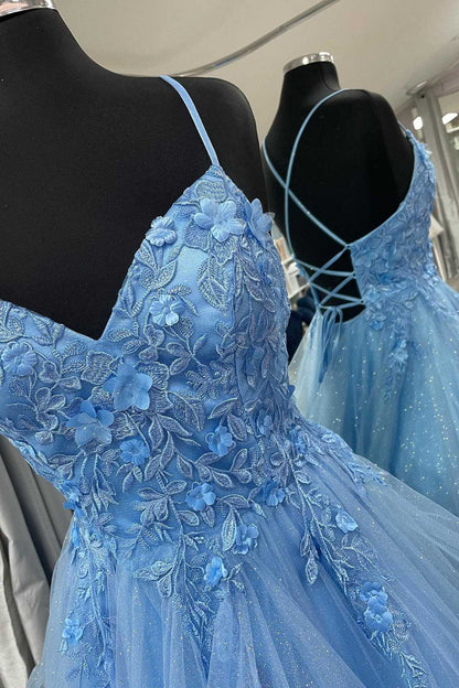 Vestido de fiesta de corte A con cordones y apliques florales azules, vestidos festivos