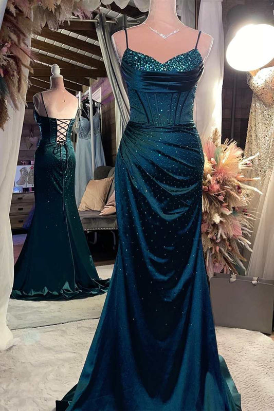 Vestido largo formal de sirena con escote en V y espalda con cordones y cuentas de satén para eventos