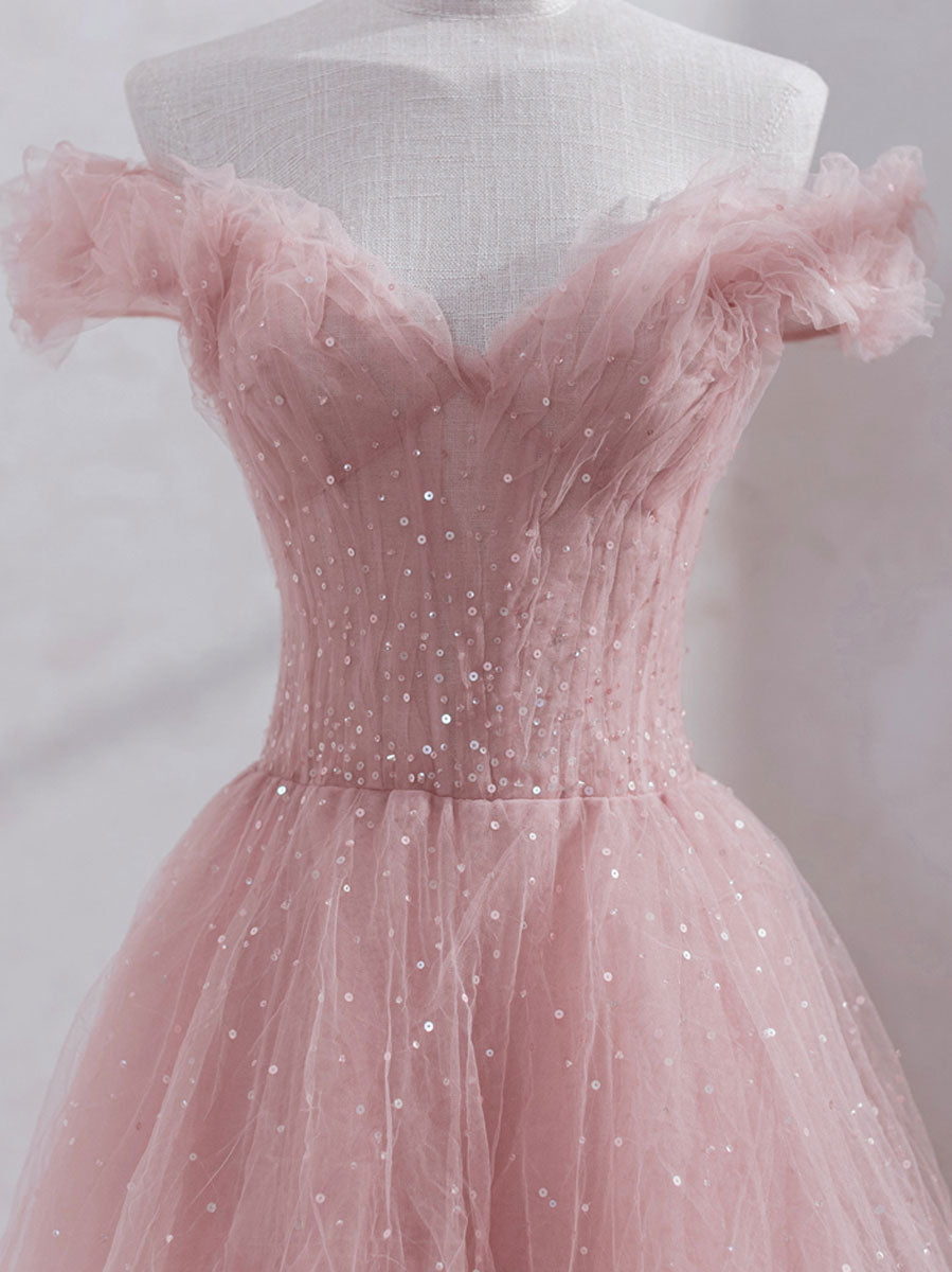 Princess Pink Tulle Tea Length Prom Dress, Pink Off shoulder Sweet 16 Dress GP288