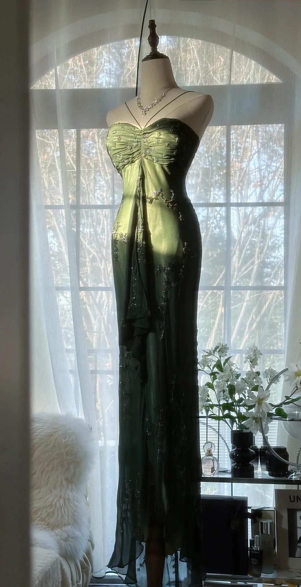 Vintage💚 Forest Green Spaghetti Straps Long Prom Dresses Glitter Chiffon Beaded Elegant Party Dresses ED01717