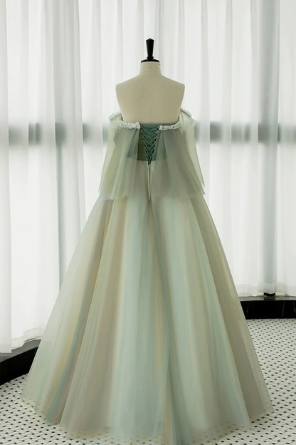 Vestido de fiesta de tul verde claro sin tirantes, corte A, vestidos de noche únicos