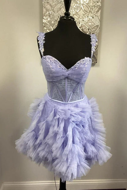 Vestido de fiesta de bienvenida con escote en forma de corazón de tul morado claro, nuevo estilo, con tirantes finos, TP3751