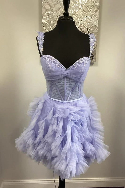 New Style Light Purple Sweetheart Tulle Design Spaghetti Strap Homecoming Dress TP3751