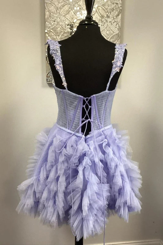 New Style Light Purple Sweetheart Tulle Design Spaghetti Strap Homecoming Dress TP3751